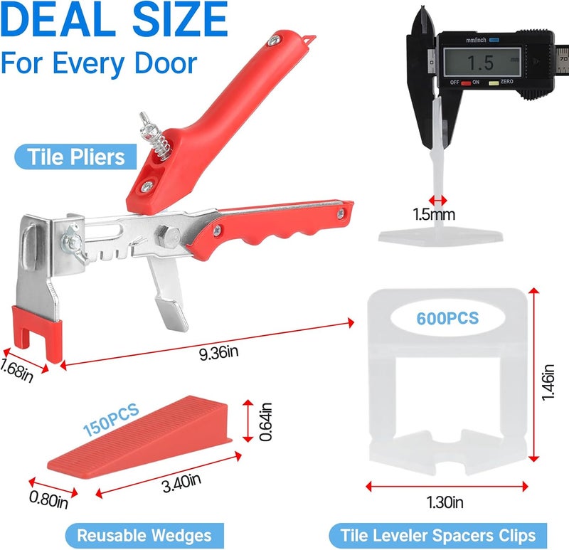 TEANTECH Tile Leveling System Kit, 600pcs Tile Leveler Spacers Clips+150pcs Reusable Wedges+1pc Tile Pliers for Wall/Floor Tile Adjustment, Leveling Tile System for Ceramic Tile(Red, 1/16”-1.5mm) - Image 2